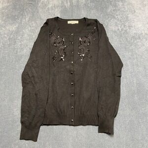 Vintage Melrose Chic Cardigan Sweater Womens M Black Ribbed Hem Floral